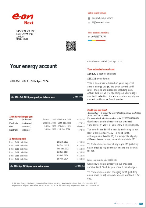 United Kingdom Eon gas and electricity business utility bill in Word and PDF formats, version 7